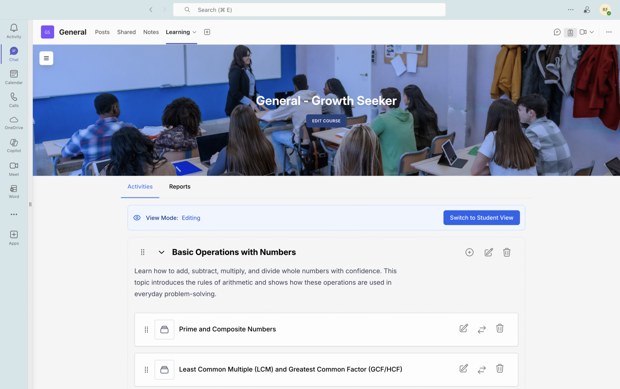 MS Teams Integration with Diverse Activity Types