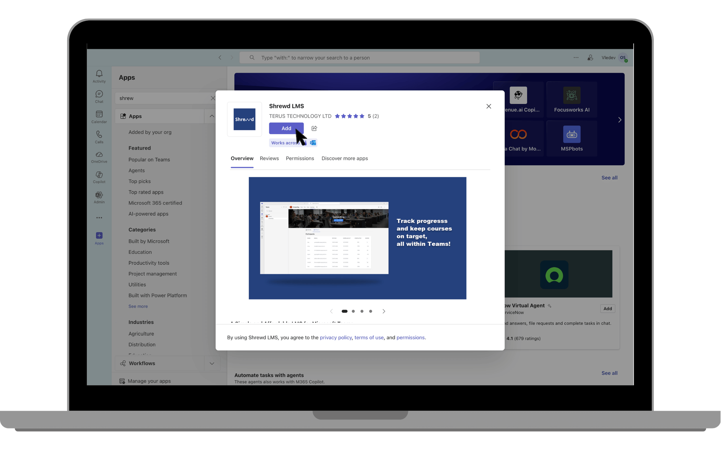 Click on the **Add** button to add the app to your Teams environment.