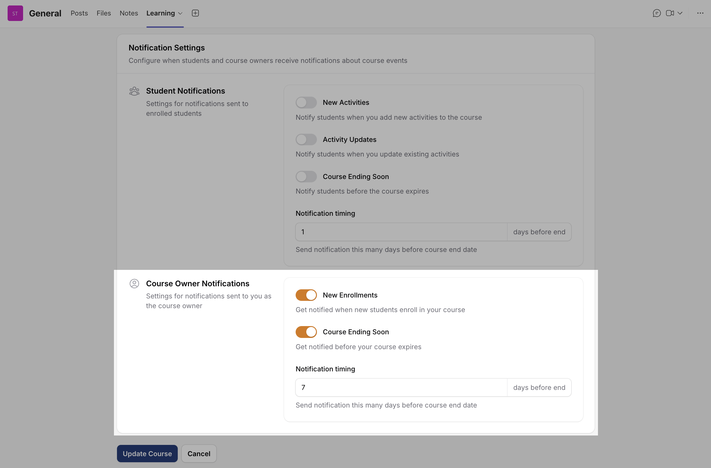 Course Settings - Notification Settings