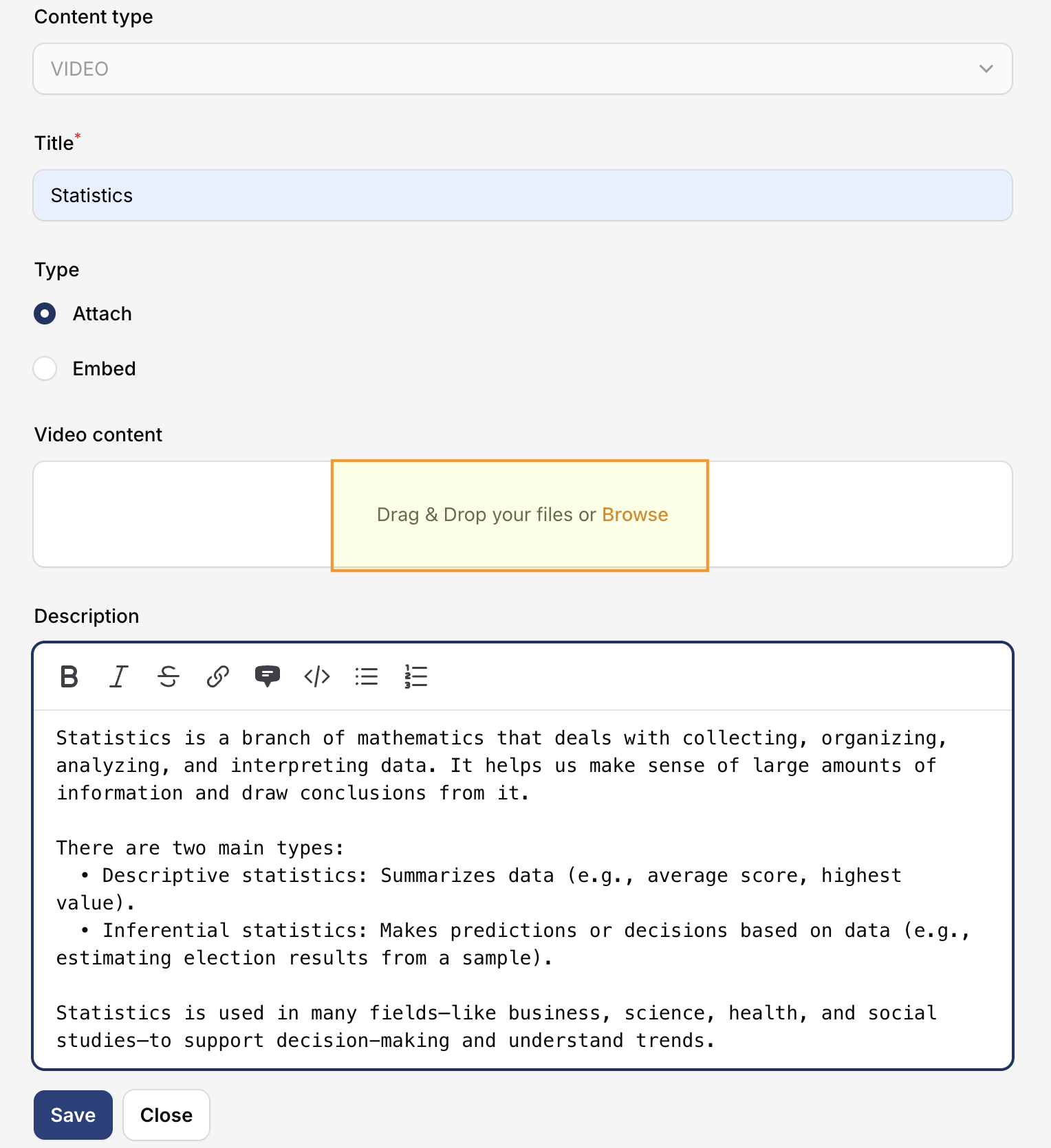 Upload or embed video
