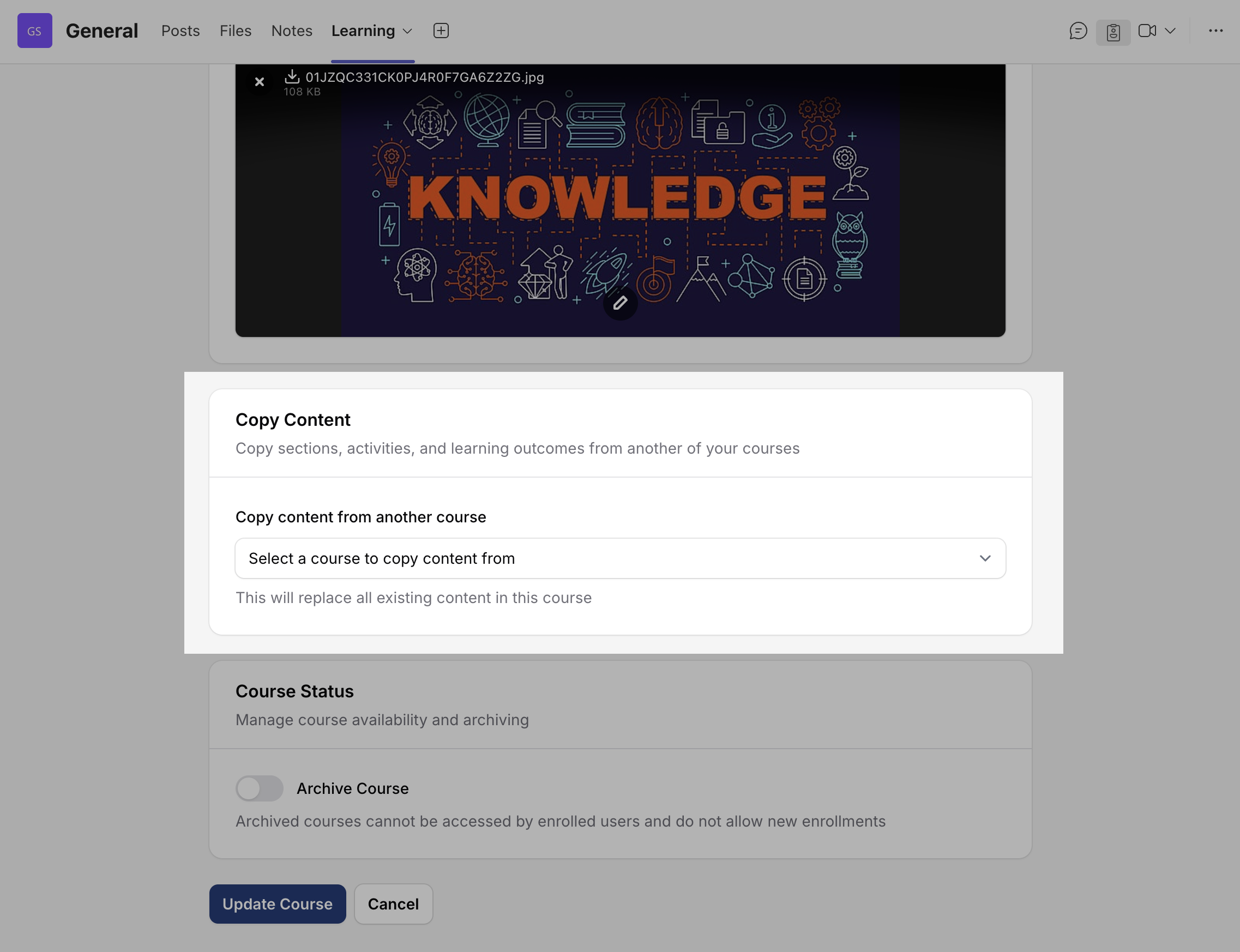 Select one of your existing courses from the list.