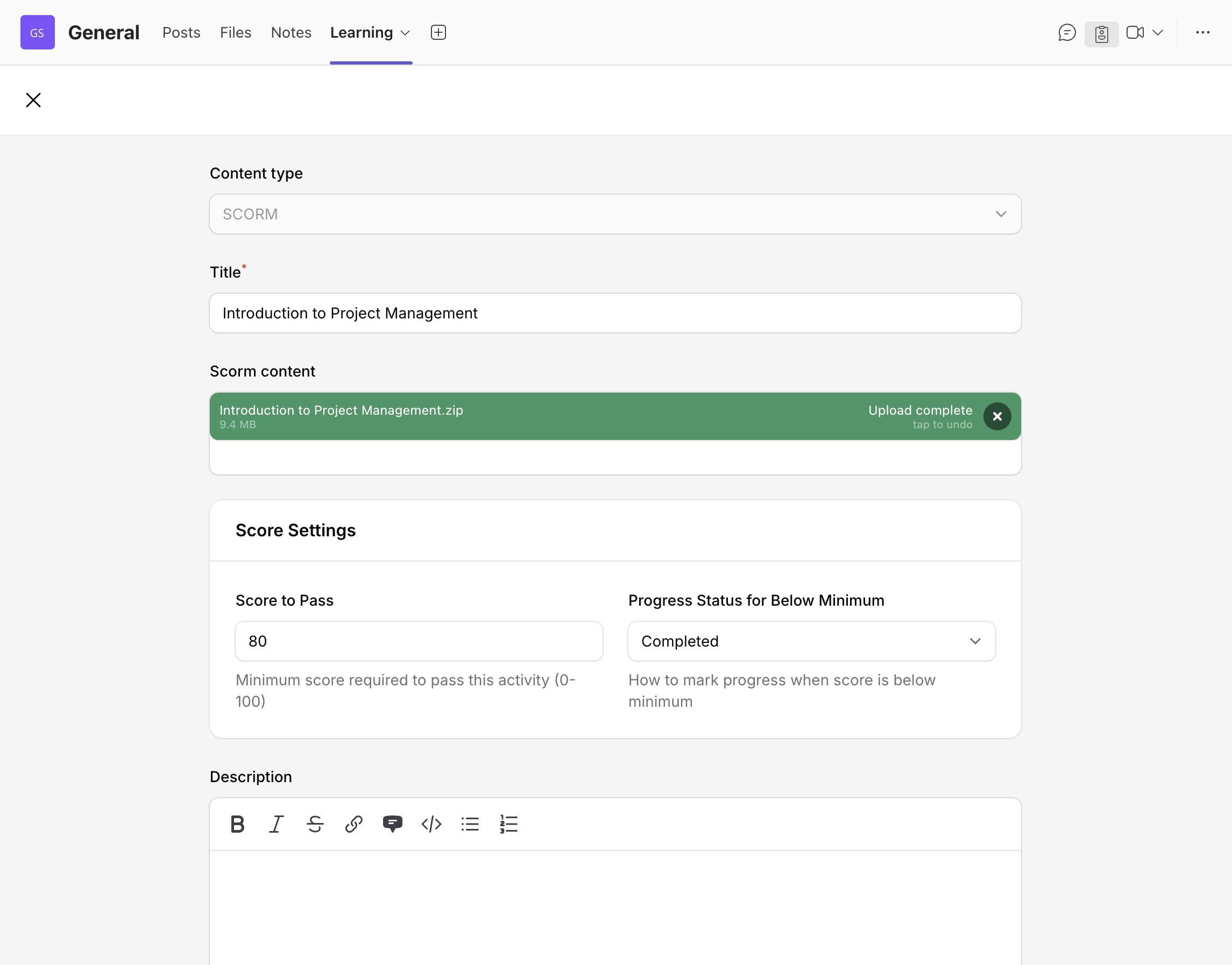 Upload SCORM File