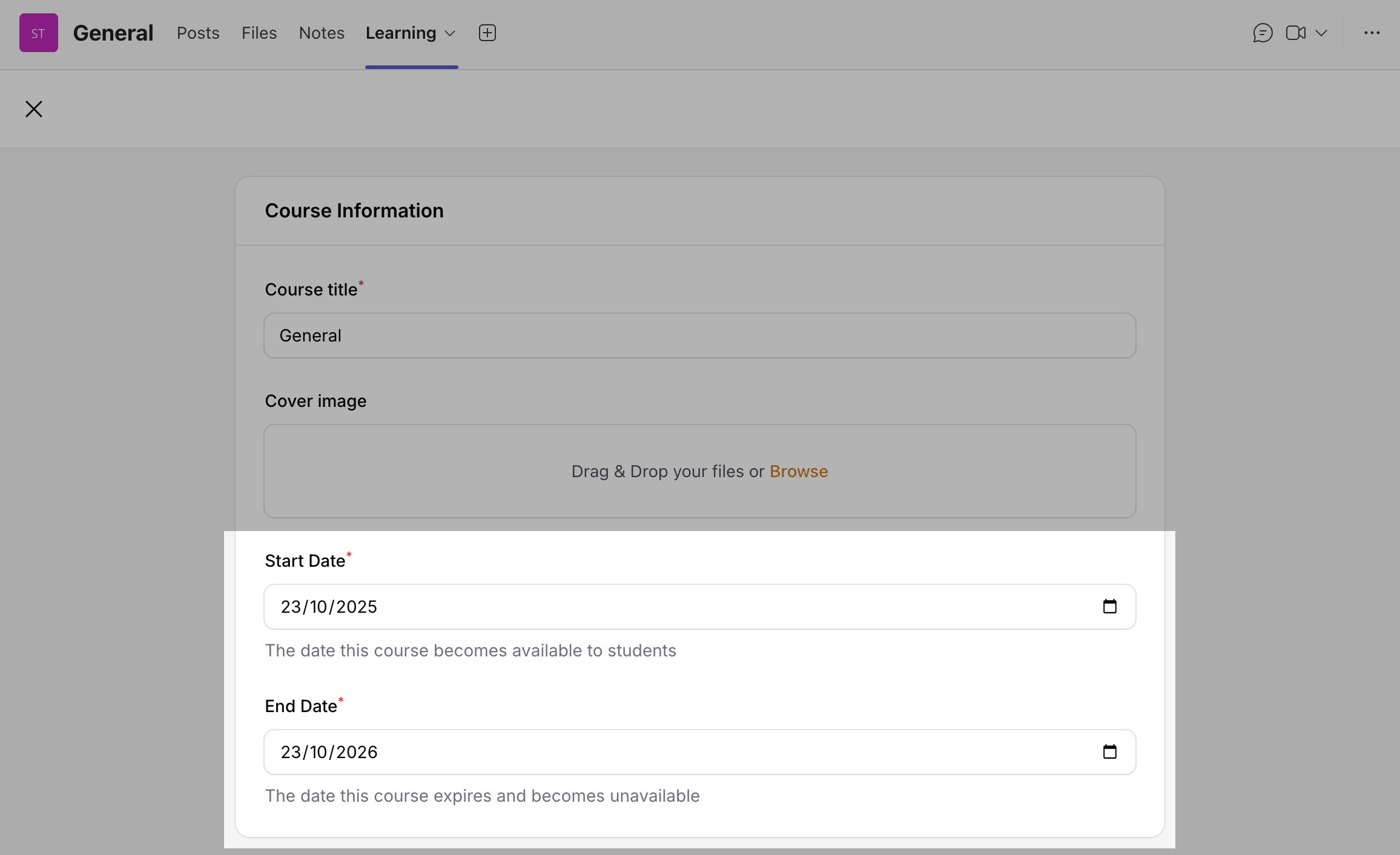 Course Settings - Start & End Dates