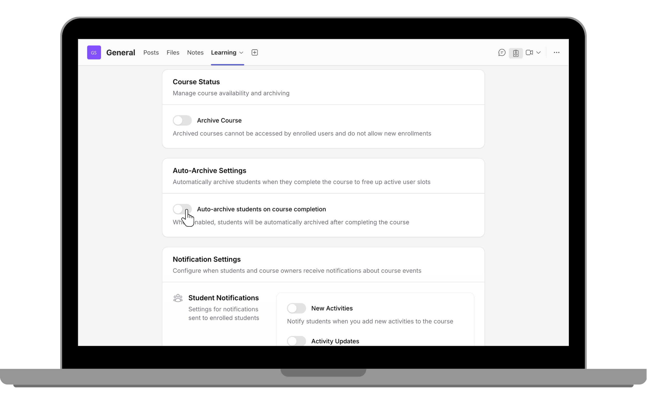 Enable **Auto-archive students on course completion**
