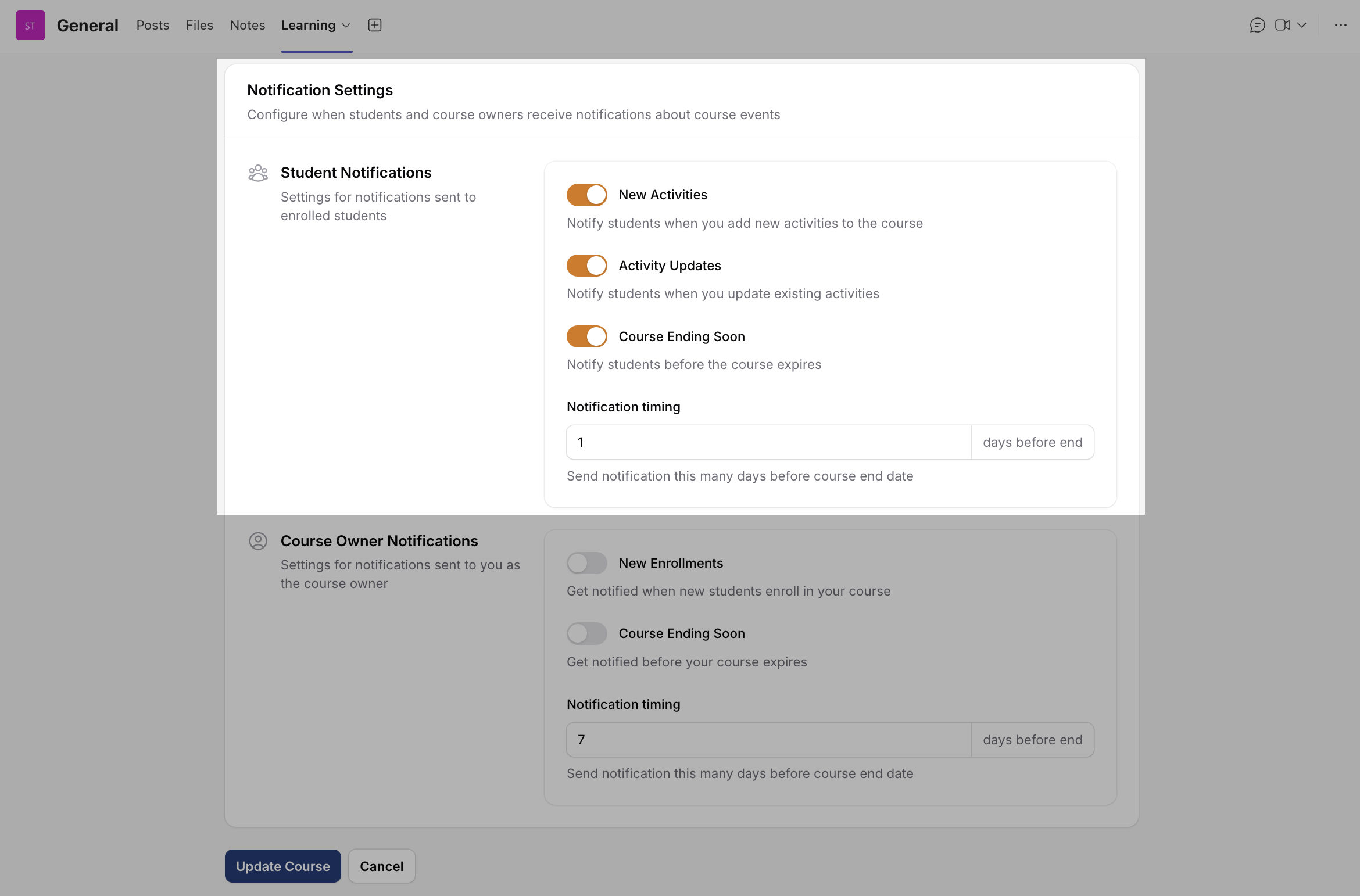 Course Settings - Notification Settings