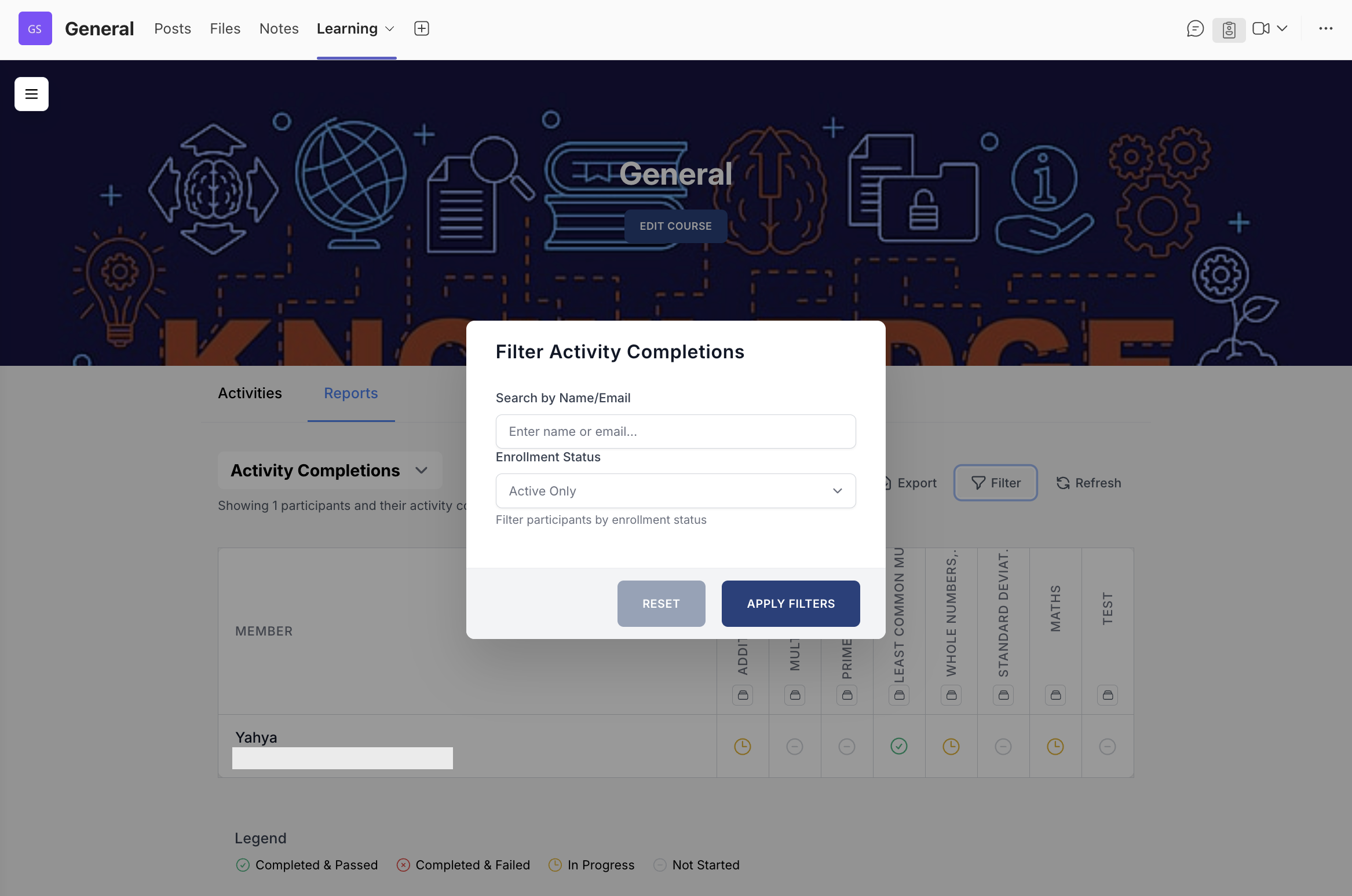 Shrewd LMS User Guide Activity completions filter in LMS used to search and filter enrolled students by name/email and enrolment status