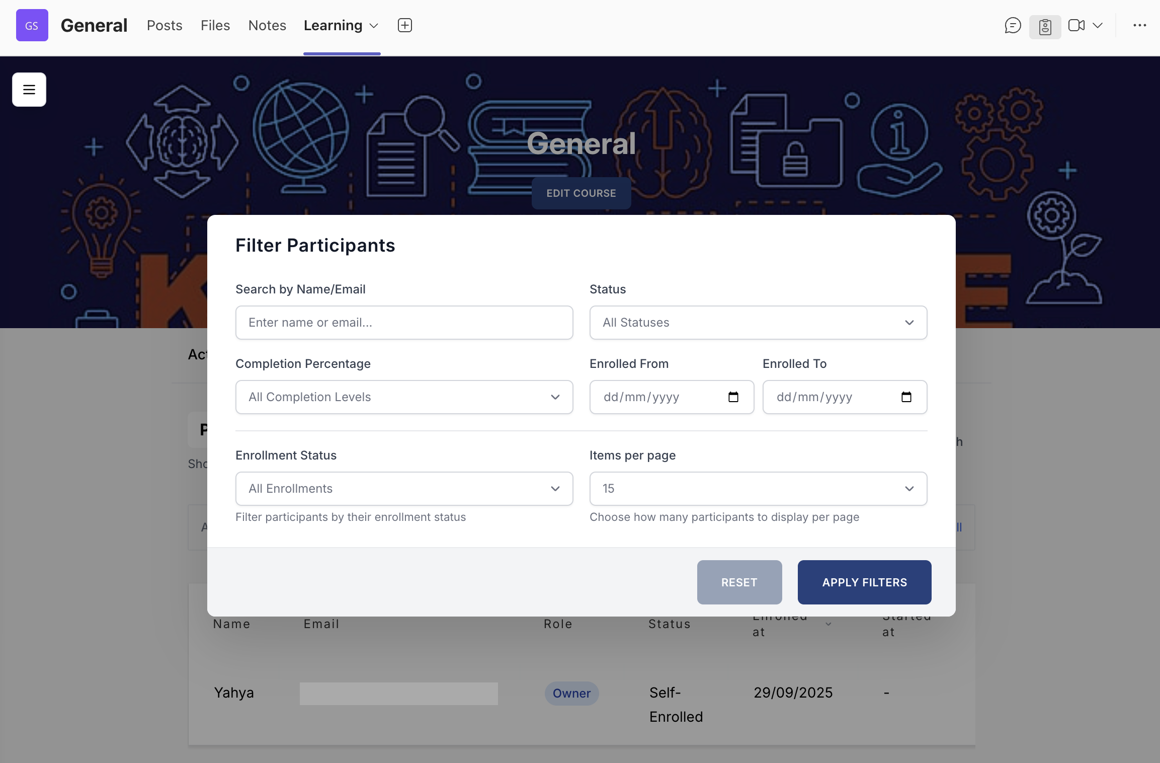 Shrewd LMS User Guide Participants filter in LMS used to search and filter enrolled students by role, name, date range, completion or enrolment status.