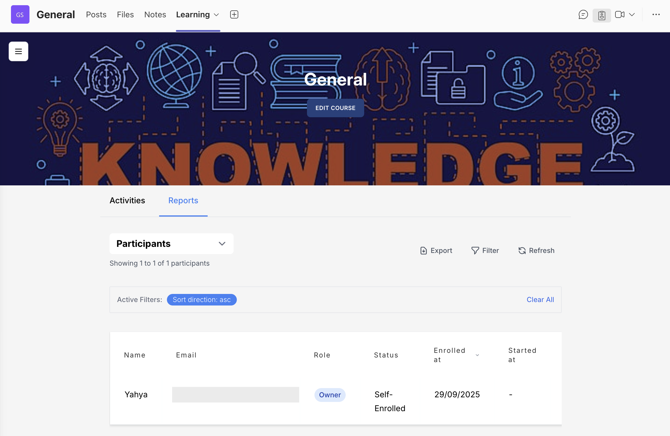 Shrewd LMS User Guide Participants report in LMS showing enrolled students, role, status, enrolled at, started at, completed at, completion progress and score.